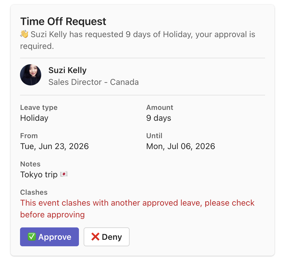 An interactive leave approval card in Microsoft Teams